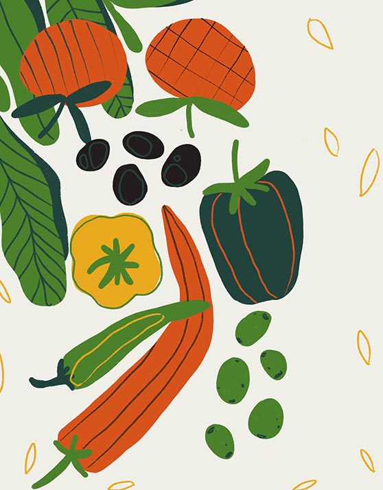 Vegetables pepper, oils still life . Funny colored typography po